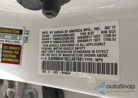 2012 Honda Cr-V Ex-L from USA, damaged, VIN 5J6RM4H78CL067981